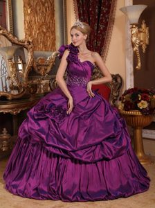 Purple One Shoulder Beaded Dress for Quince with Hand Flowers