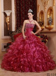 Special Red Strapless Organza Quinceanera Dresses with Ruffled Layers