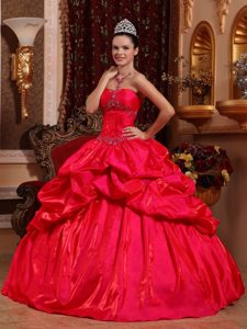 Red Strapless Beaded Quinceanera Dress in with Pick Ups on Sale