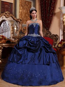 Blue Ball Gown Beaded Strapless Dress for Quince in with Pick Ups