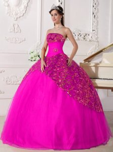 New Ball Gown Strapless Hot Pink Tulle Quinceanera Dress with Beading