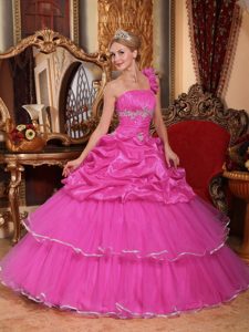 Hot Pink Ball Gown One Shoulder Organza Dress for Quince with Pick-ups