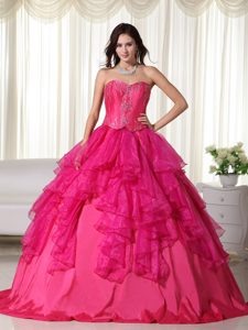 Hot Pink Sweetheart Organza Embroidery Dress for Quince with Ruffles
