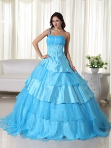 Aqua Ball Gown One Shoulder Organza Quinceanera Dress with Beading