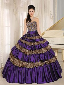 Latest Dark Purple Quinceanera Gown in and Leopard with Ruffled Layers
