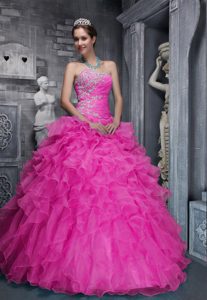 New Style Sweetheart and Organza Beading Quinces Gowns in Hot Pink