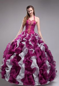 Formal Fuchsia Halter Organza Quinceaneras Dresses with Appliques and Ruffles