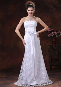 Clearance Strapless Church Wedding Dress with Sash and Lace Up Back