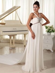 Beautiful V-neck Dress for Summer Wedding with Beadings and Brown Bowknot