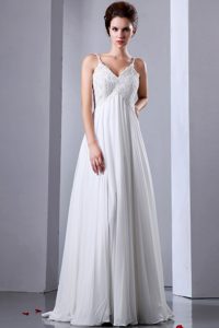 Empire Appliqued Chiffon Wedding Dresses with Spaghetti Straps in Floor-length