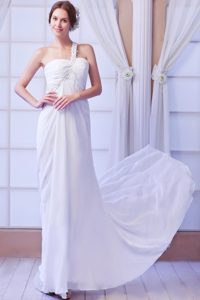 Beaded and Ruched Chiffon Dress for Wedding with One Shoulder on Promotion