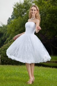 Strapless Tea-length Outdoor Wedding Dresses with Ruches and Lace