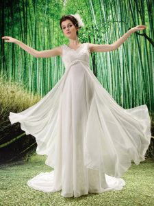 White Chiffon V-neck Church Wedding Dress with Embroidery and Sweep Train