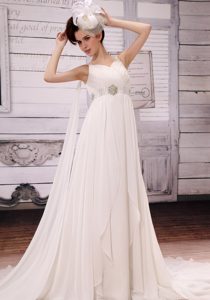 V-neck Watteau Train Dresses for Wedding with Ruches and Beadings