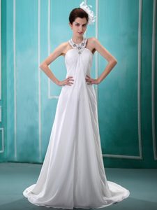 Halter Top Empire Prom Wedding Dress with Court Train and Beadings