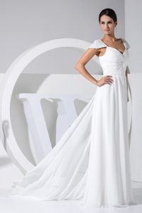 V-neck Cap Sleeves Wedding Dresses with Beadings and Ruches in Floor-length