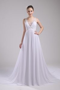 2013 Empire V-neck Outdoor Wedding Dresses with Ruches and Beads