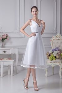 Spaghetti Straps Tea-length Ruched Tulle Wedding Dresses with Beaded Waist