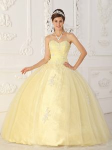 Light Yellow Sweetheart Ball Gown Quinceanera Dress with Appliques for Less