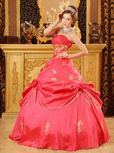 Coral Red Ruched Strapless Sweet 15 Dress with Pick-ups and Appliques