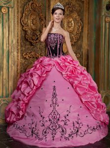 Rose Pink Strapless Ball Gown Embroidered Quinceanera Dress with Pick-ups