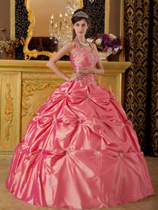 Halter Watermelon Sweet 16 Gown Dress with Pick-ups and Appliques