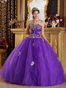 Brand New Strapless Ball Gown Purple Tulle Dress for Quince with Appliques