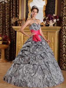 Sweetheart Long Zebra Quinceanera Dress with Pick-ups and Red Sash