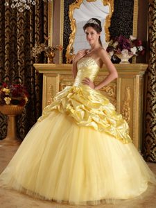 Yellow Strapless and Tulle Sweet 16 Dress with Pick-ups and Beading