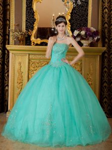 Strapless Turquoise Ball Gown Organza Sweet 16 Dress with Appliques on Sale