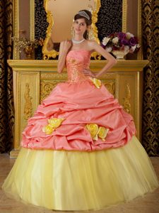 Strapless Watermelon and Yellow Quinceanera Dress with Flowers and Pick-ups