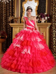 Hot Pink One Shoulder Ball Gown Quinceanera Dress with Ruffles and Flowers