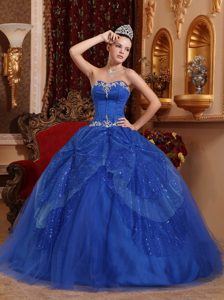 Royal Blue Strapless Tullt and Sequin Quinceanera Dress with Appliques on Sale