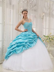 Aqua Blue and White Sweetheart Quinceanera Dress with Pick-ups and Beading