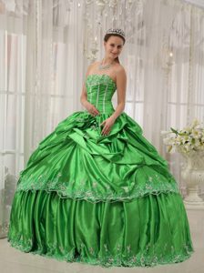 Spring Green Strapless Quinceanera Dress with Pick-ups and Appliques