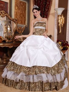New Strapless White and Leopard Quinceanera Dress with Layers and Pick-ups