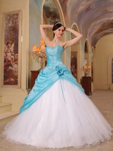 Sweetheart Blue and White Beaded Sweet 16 Dress with Pick-ups and Flower