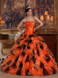 Strapless Orange and Black Ruched Sweet 16 Dresses with Ruffles and Beading