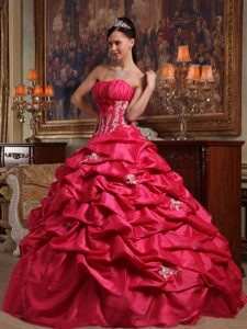 Ruched Strapless Ball Gown Coral Red Appliqued Sweet 16 Dress with Pick-ups