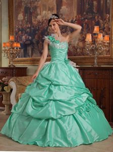 Turquoise One Shoulder Sweet 16 Dresses with Appliques and Pick-ups