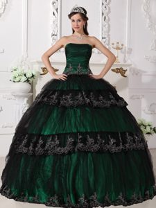Hunter Green and Black Strapless Quinceanera Dress with Layers and Appliques