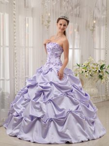 Lilac Strapless Long Appliqued Quinceanera Dress with Pick-ups