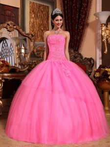 Hot Pink Strapless Ball Gown Quinceanera Dress with Appliques and Beading