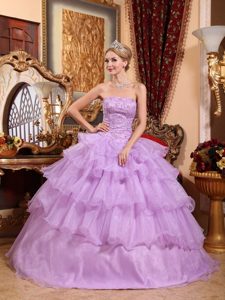Lavender Strapless Ball Gown Quinceanera Dresses with Layers and Appliques
