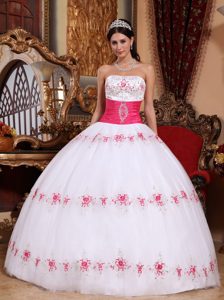 Strapless White and Hot Pink Quinceanera Gown Dress with Appliques for Less