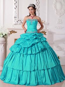 Turquoise Strapless Layered Appliqued Sweet 16 Dresses with Pick-ups