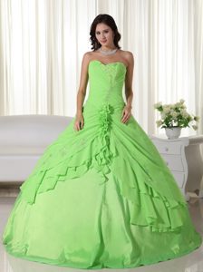 Sweetheart Apple Green Ruched Quinceanera Dress with Beading and Rosettes