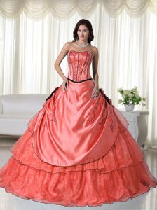 Watermelon Strapless Layered Quinceanera Dresses with Pick-ups and Flowers