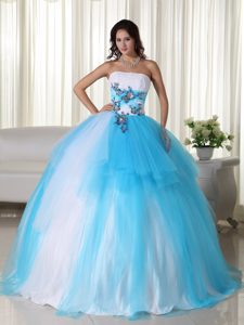 White and Blue Strapless Ball Gown Quinceanera Dress with Appliques on Sale