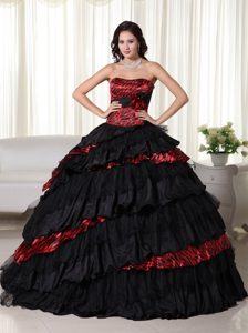Strapless Long Red and Black Quinceanera Dresses with Layered Ruffles